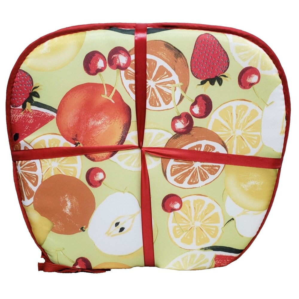 Set of 4 CHAIR PADS CUSHIONS w/ red strings, COLORFUL FRUITS ON GREEN 15"x15",BH
